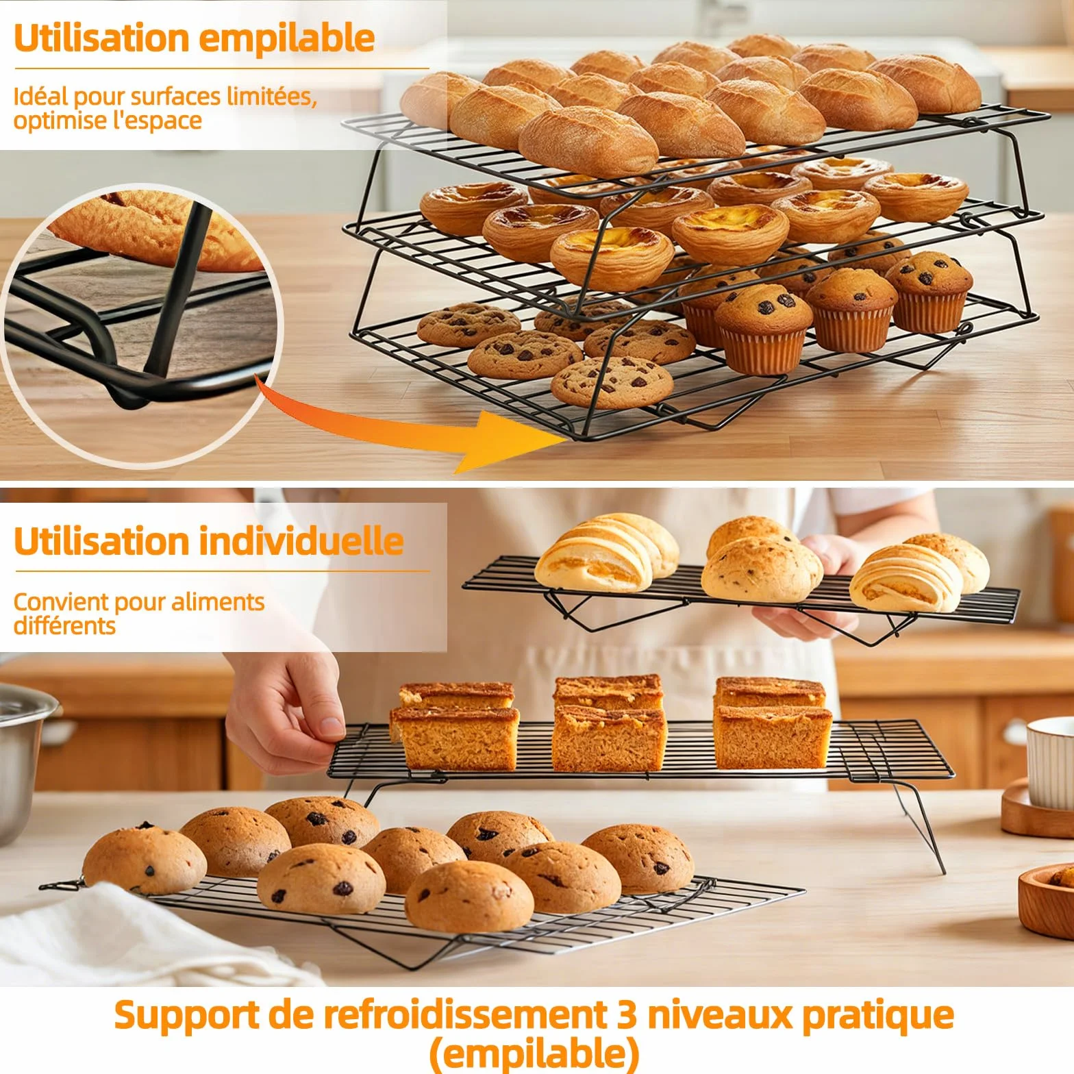Grille de Refroidissement Pâtisserie Acier Carbone Antiadhésive 40x25 cm Pliable Empilable 3 Niveaux