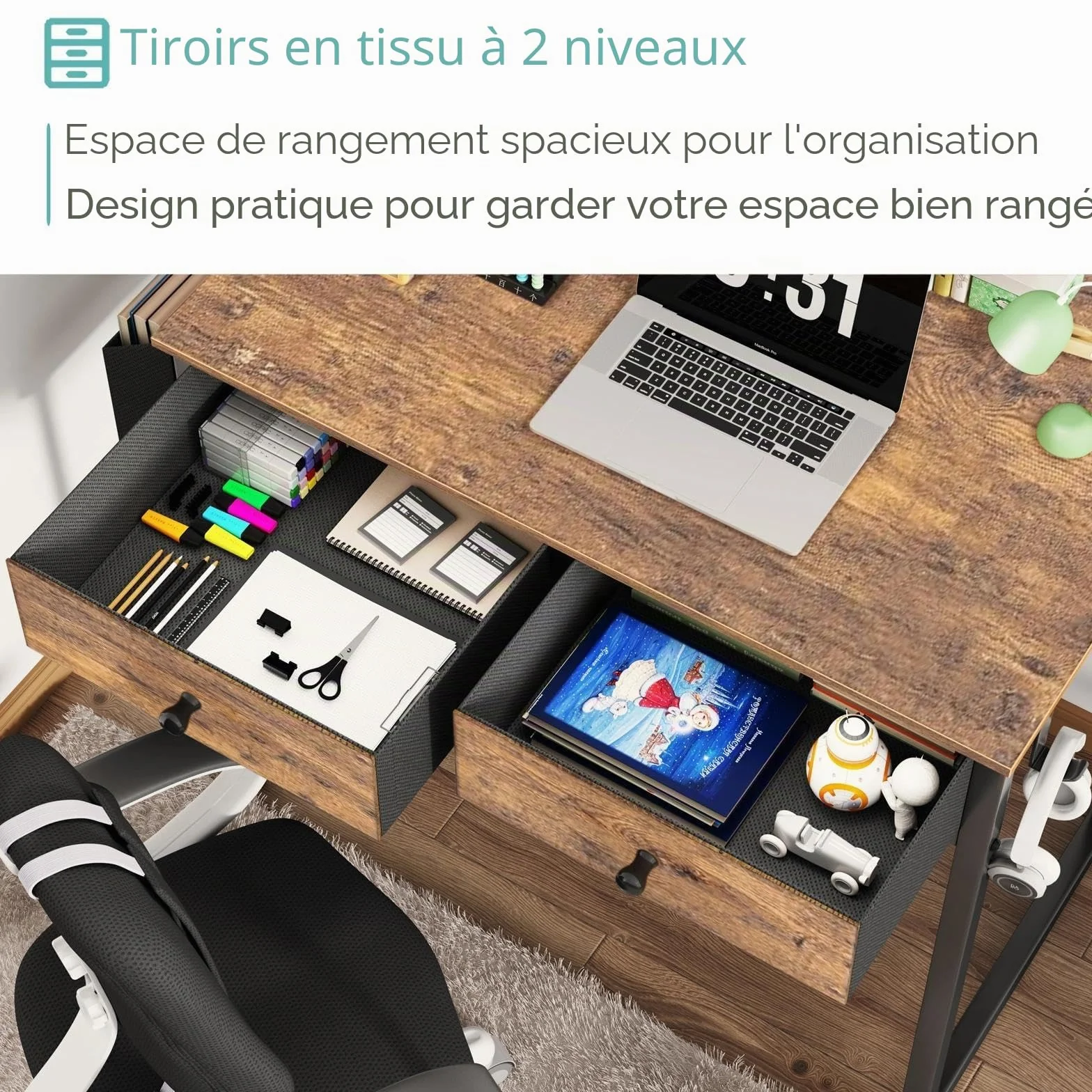 Bureau d'ordinateur avec 2 tiroirs 80cm Lufeiya Petit PC Bureau Informatique Rangement