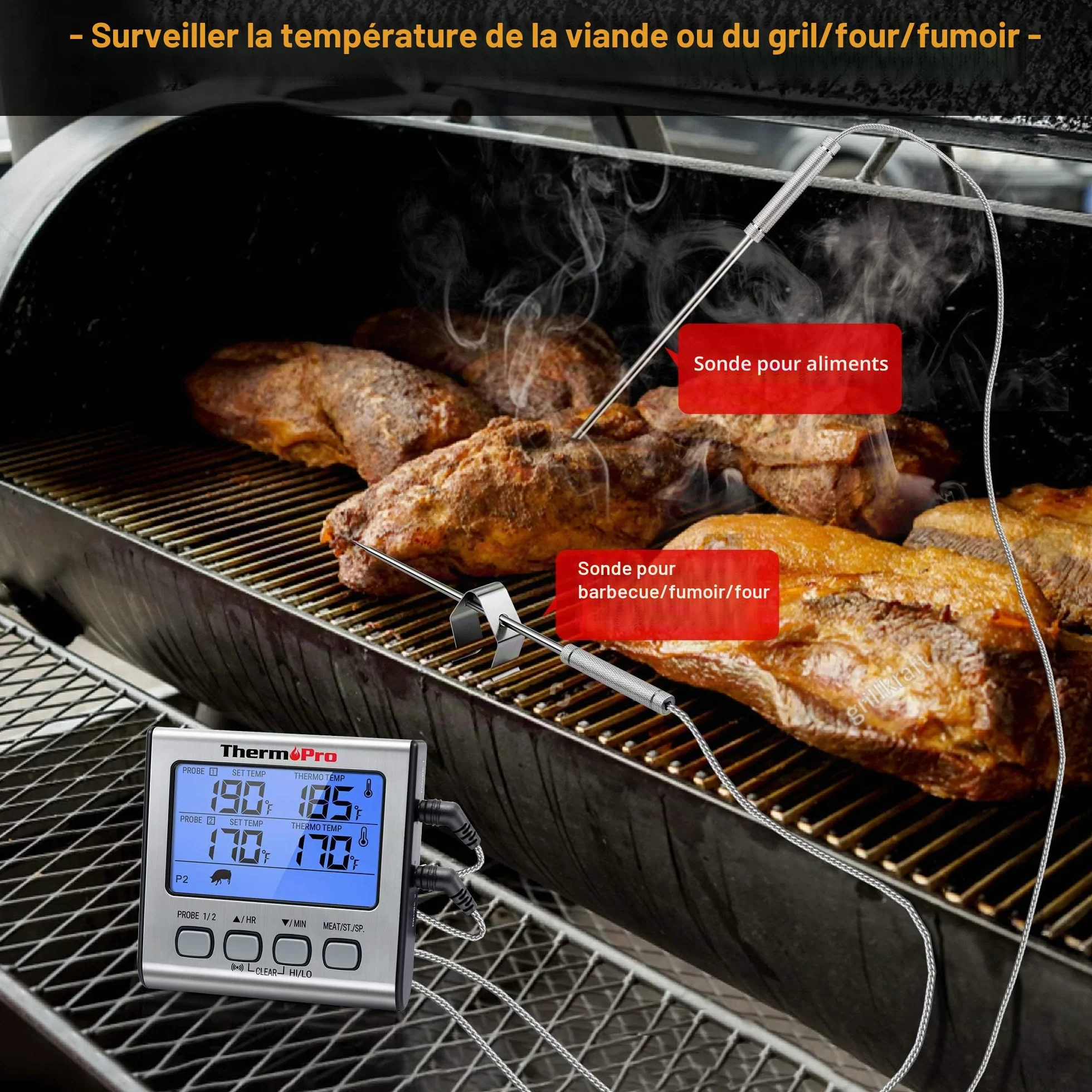 ThermoPro TP17 Thermomètre pour Viande Numérique Double Sonde Grand Écran LCD Rétroéclairé Cuisson Barbecue