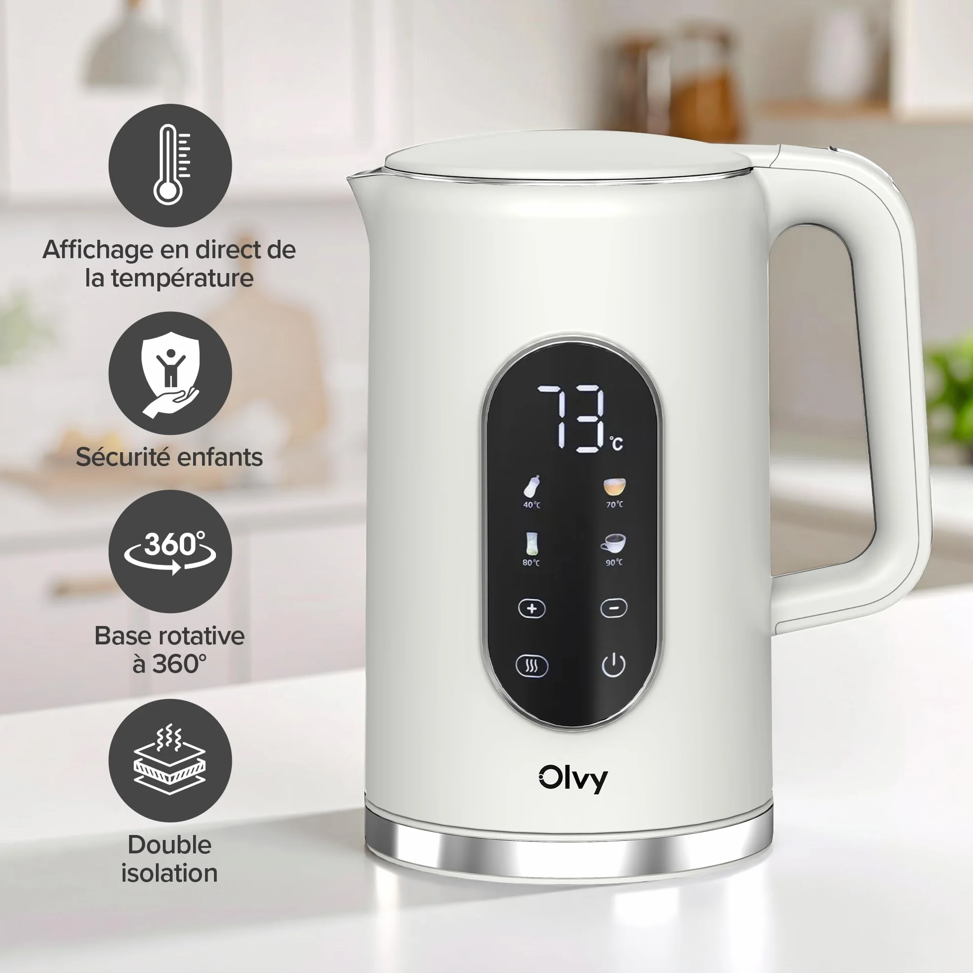 Olvy Bouilloire Électrique 1,7L Inox 2200W Double Paroi Maintien au Chaud