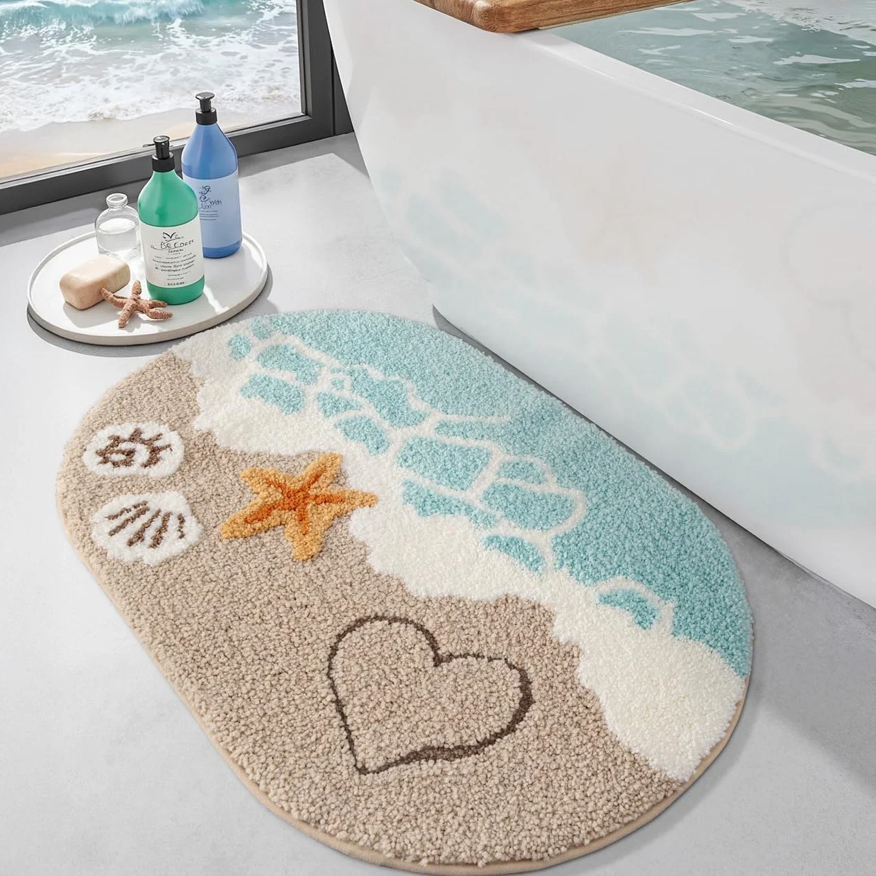 DEXI Tapis Salle de Bain Antidérapant 54 x 86 cm Ovale Absorbant Lavable Motif Plage