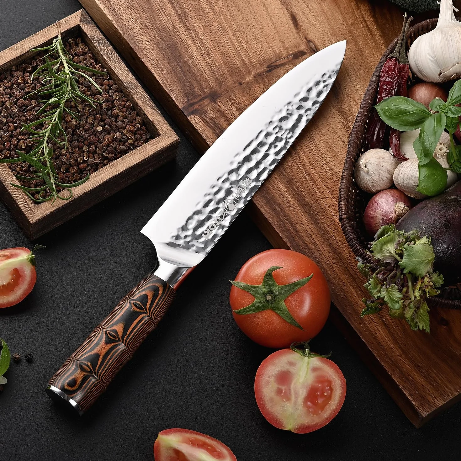 Couteau de Chef 20 cm, Couteau de Cuisine Professionnel, Lame Acier Inoxydable Haute Carbone, Poignée Bambou Ergonomique