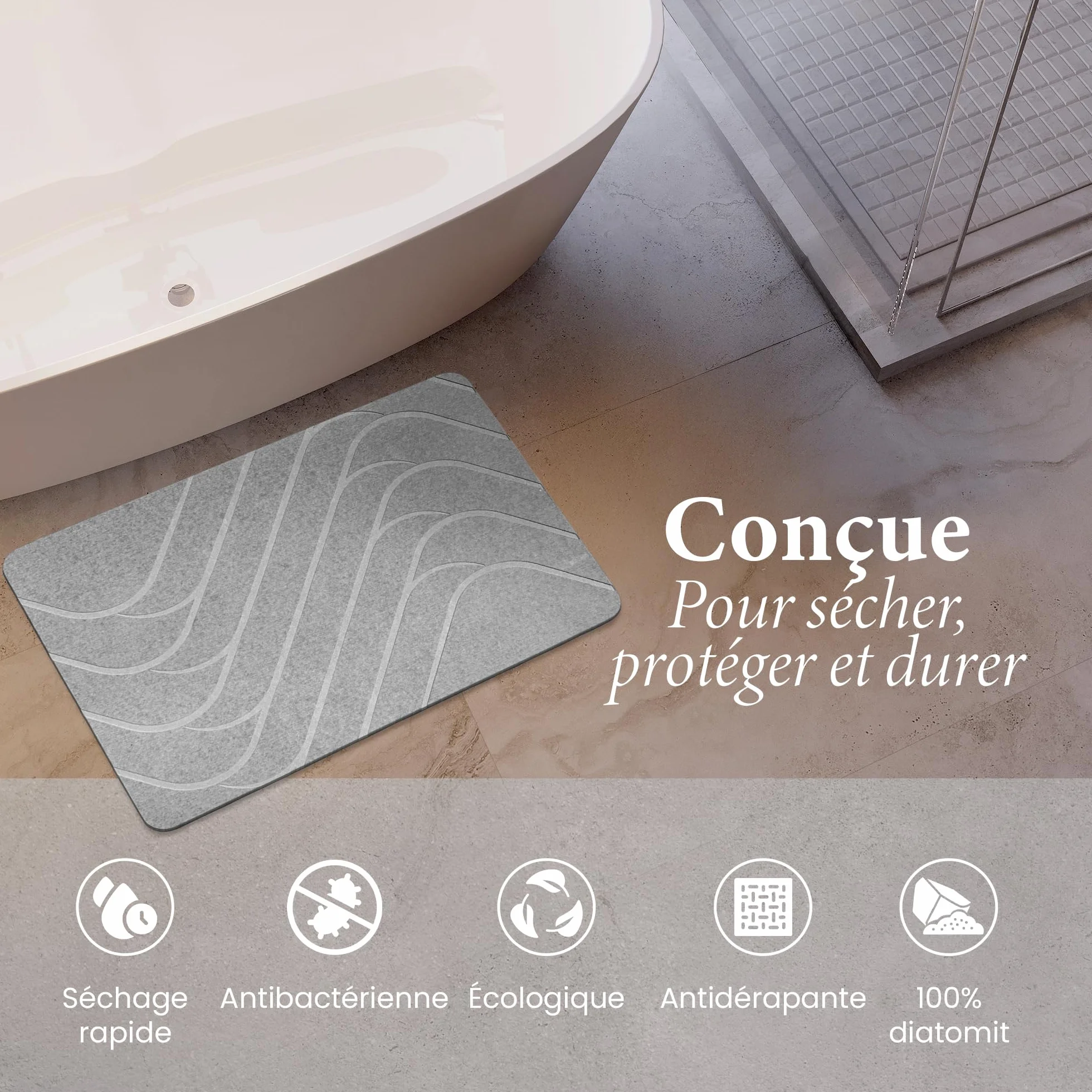 Tapis de Bain Diatomite 60×39 cm Antidérapant Absorbant Hygiénique Résistant aux Moisissures Séchage Rapide
