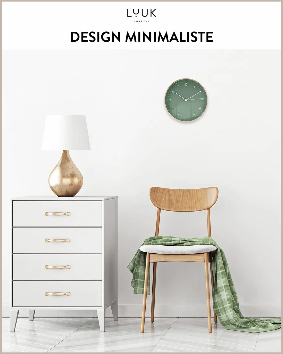 LUUK LIFESTYLE Horloge Murale Silencieuse Design Moderne 24 cm Vert et Doré