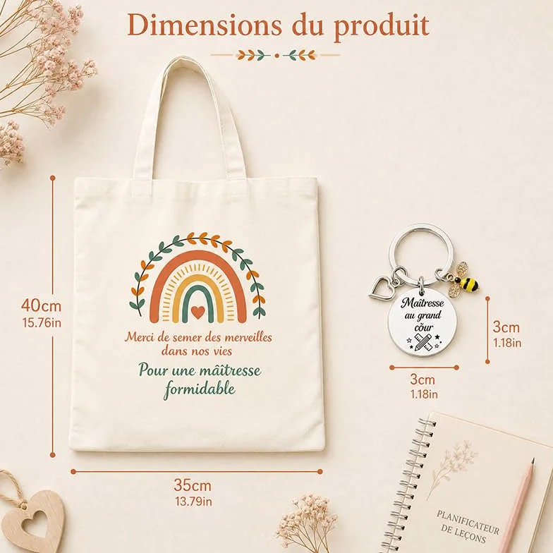 Tote Bag Maitressee Merci Porte-Clé Sac Cabas Femme Grande Capacité Réutilisable