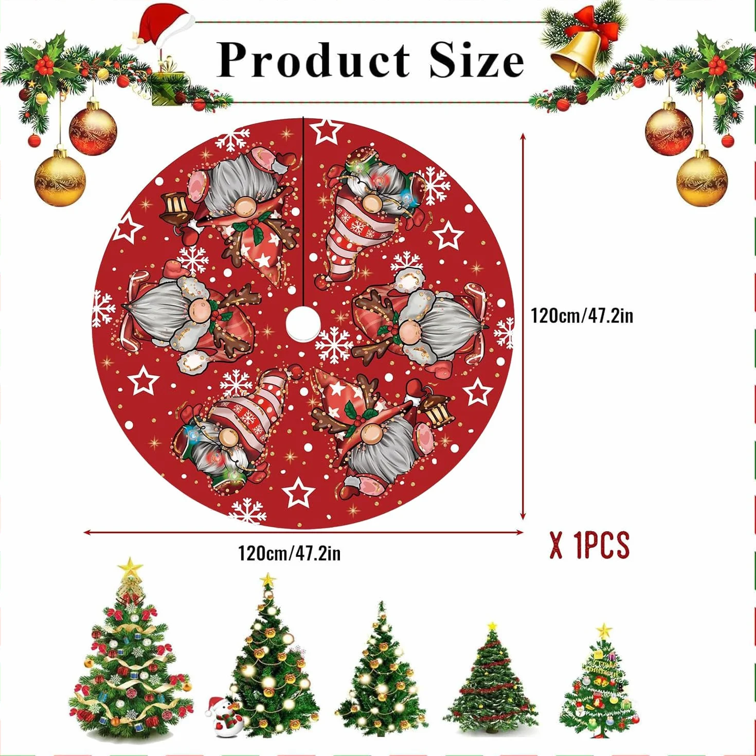 Jupe Sapin De Noël 120cm Couvre Pied Rond Rouge Motif GNOME Tapis Décorations Fête