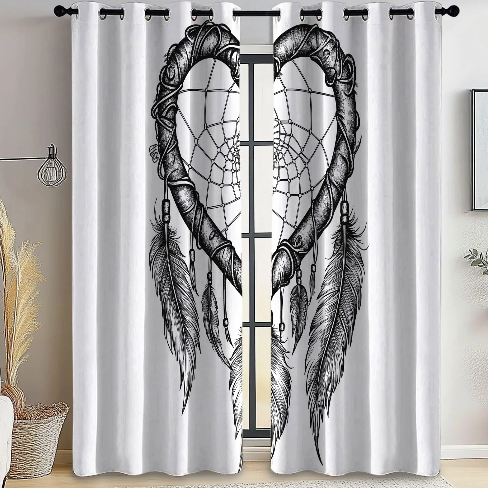Rideaux Occultants 91.5x214 cm 2 Panneaux Attrape-rêves Coeur Tissu Occultant Chambre Enfant Blanc