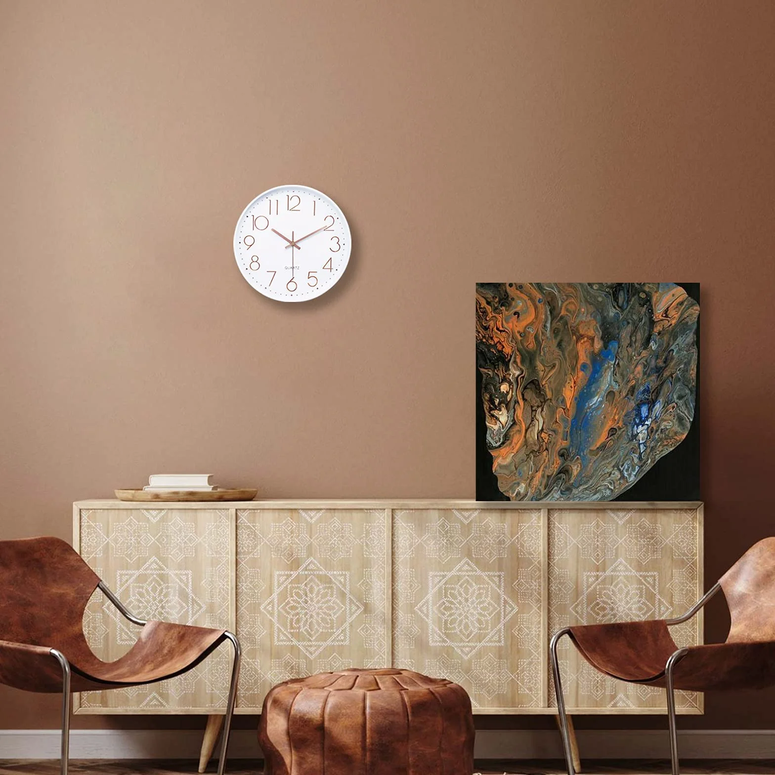 Lafocuse Horloge Murale 30cm Blanc Moderne Silencieuse Chiffres 3D Or Rose