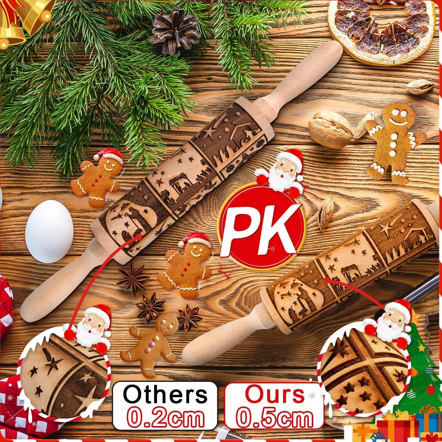 Rouleau à pâtisserie en bois 3D 35 cm motif fleurs de Noël