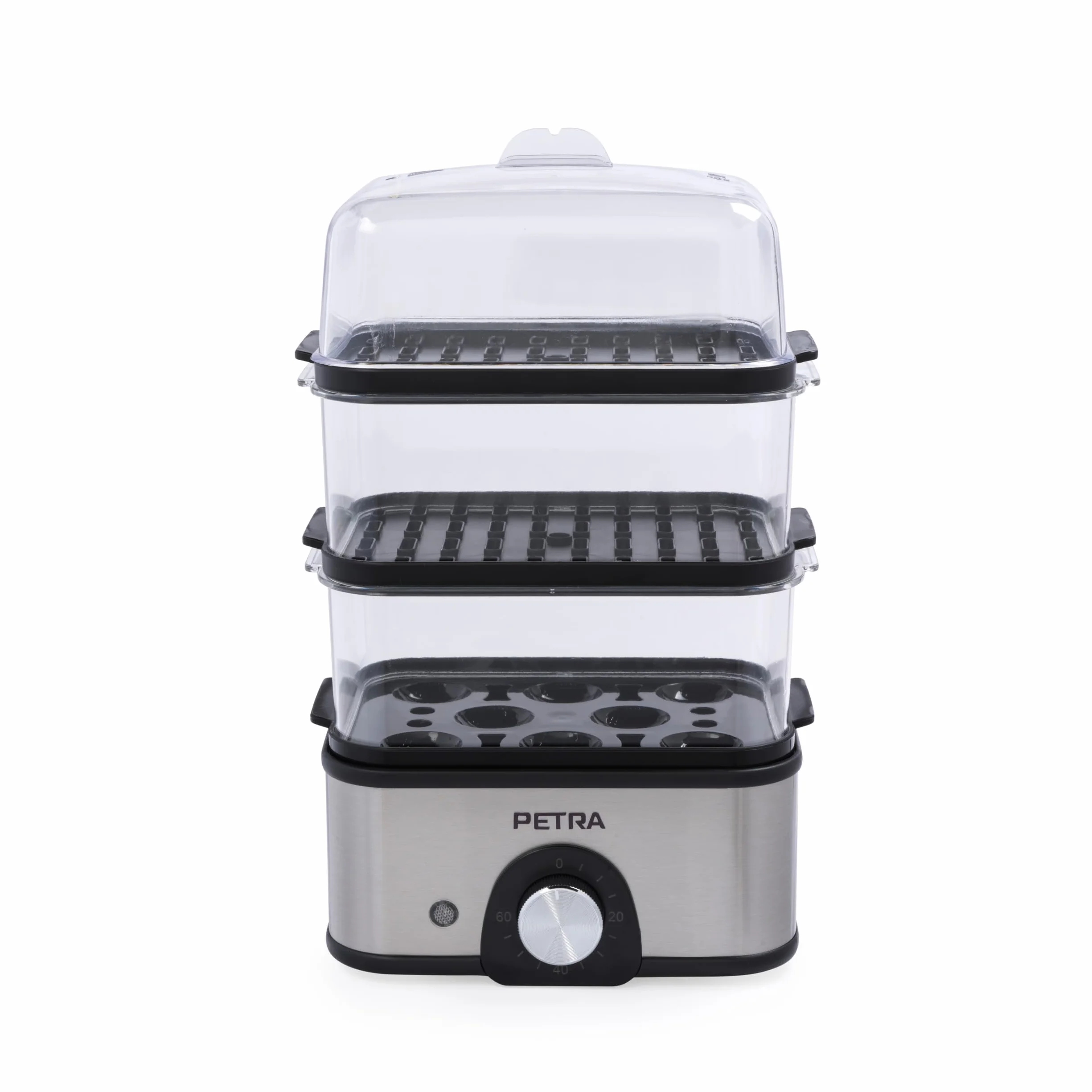 Petra Cuiseur Vapeur Électrique 3L 500W, Cuit Vapeur 3 Niveaux, Panier sans BPA, Minuteur 60min