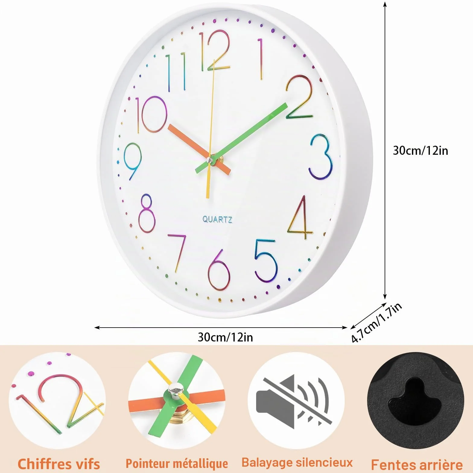 CIMOYBAI Horloge Murale 30cm Silencieuse Chiffres 3D Moderne Bureau Salon Cuisine (Blanco-E)