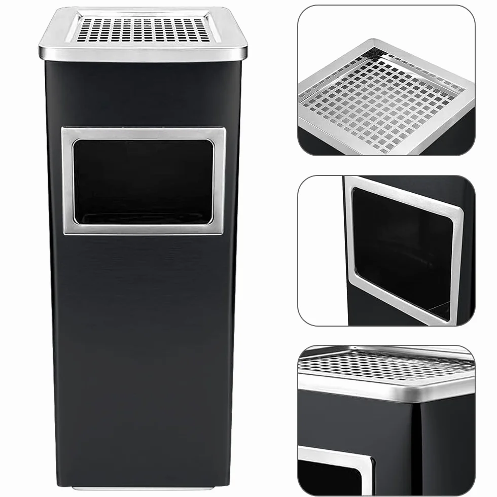 Poubelle en acier inoxydable 35L avec cendrier sur pied, 24x24x60 cm noir