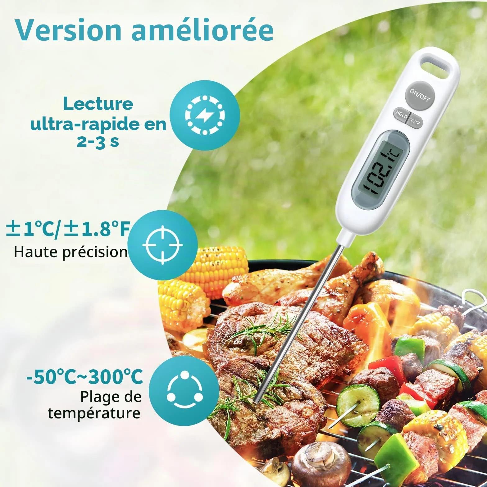 HORJOR Thermomètre de Cuisson Digital 141mm Sonde pour Barbecue Viande Patisserie