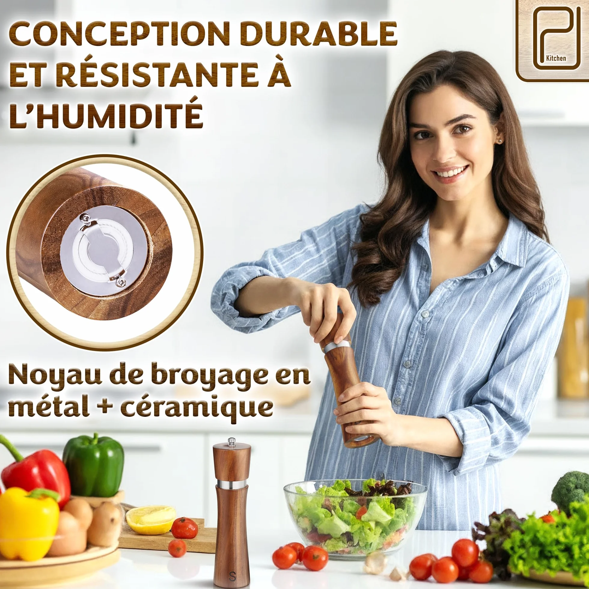 PJC-Kitchen Ensemble de Moulins à Sel et Poivre en Bois d’Acacia avec Plateau - 60 g