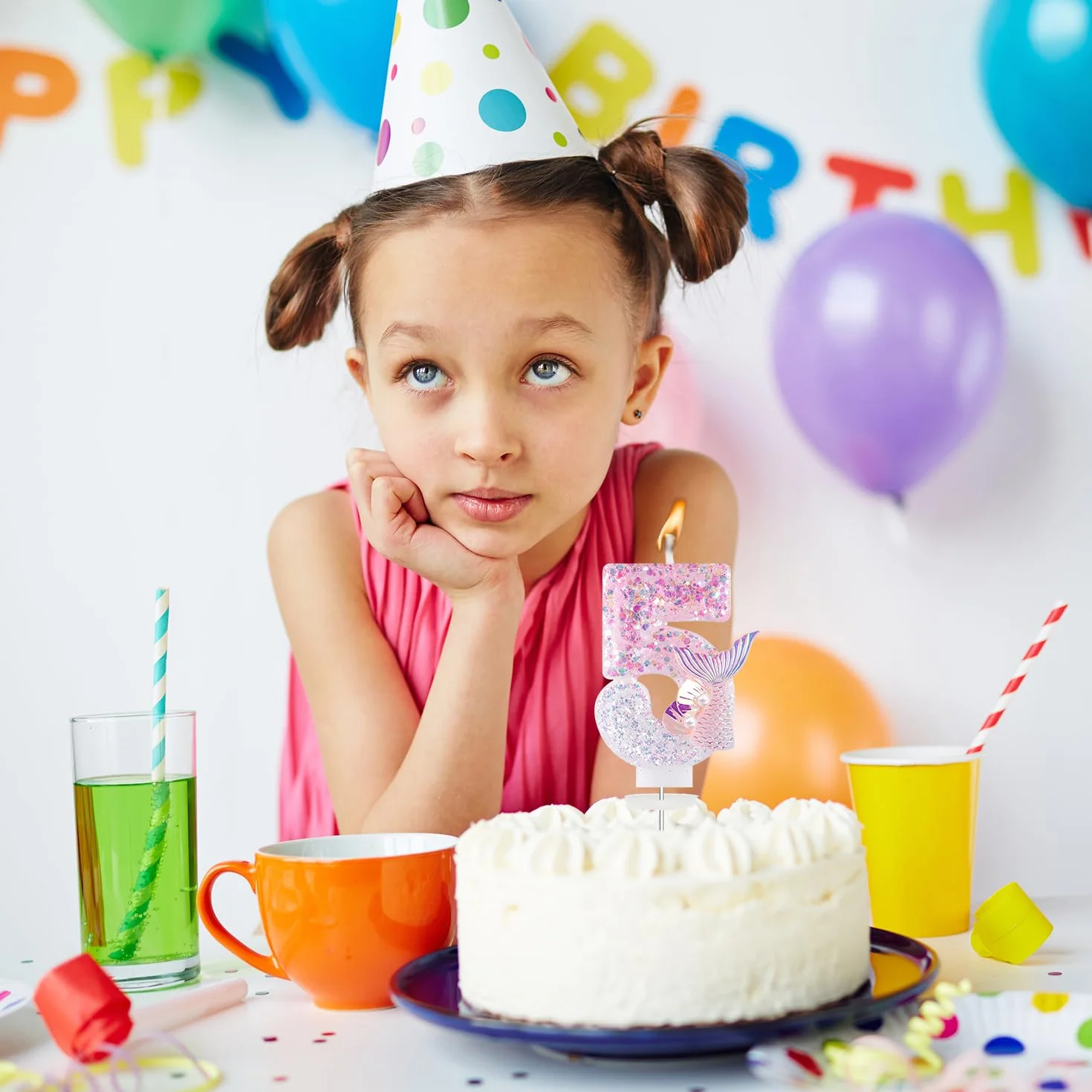 Bougies d'anniversaire Numéro 5, 3D Rose Bougie Chiffre 5, Sirènes Décoration Gâteau Anniversaire