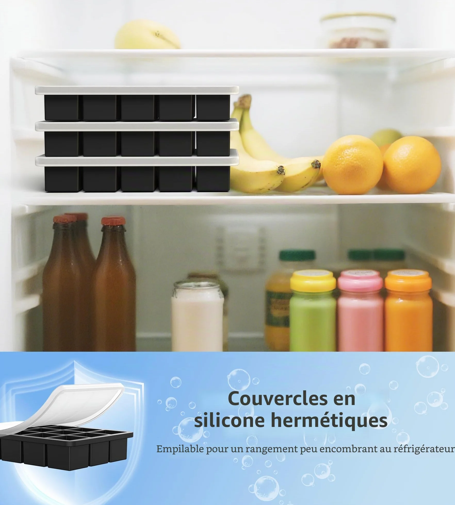 Ankway Lot de 3 Bac à Glaçons Silicone avec Couvercle, 45x3.5cm, Sans BPA, Faciles à Retirer, Noir