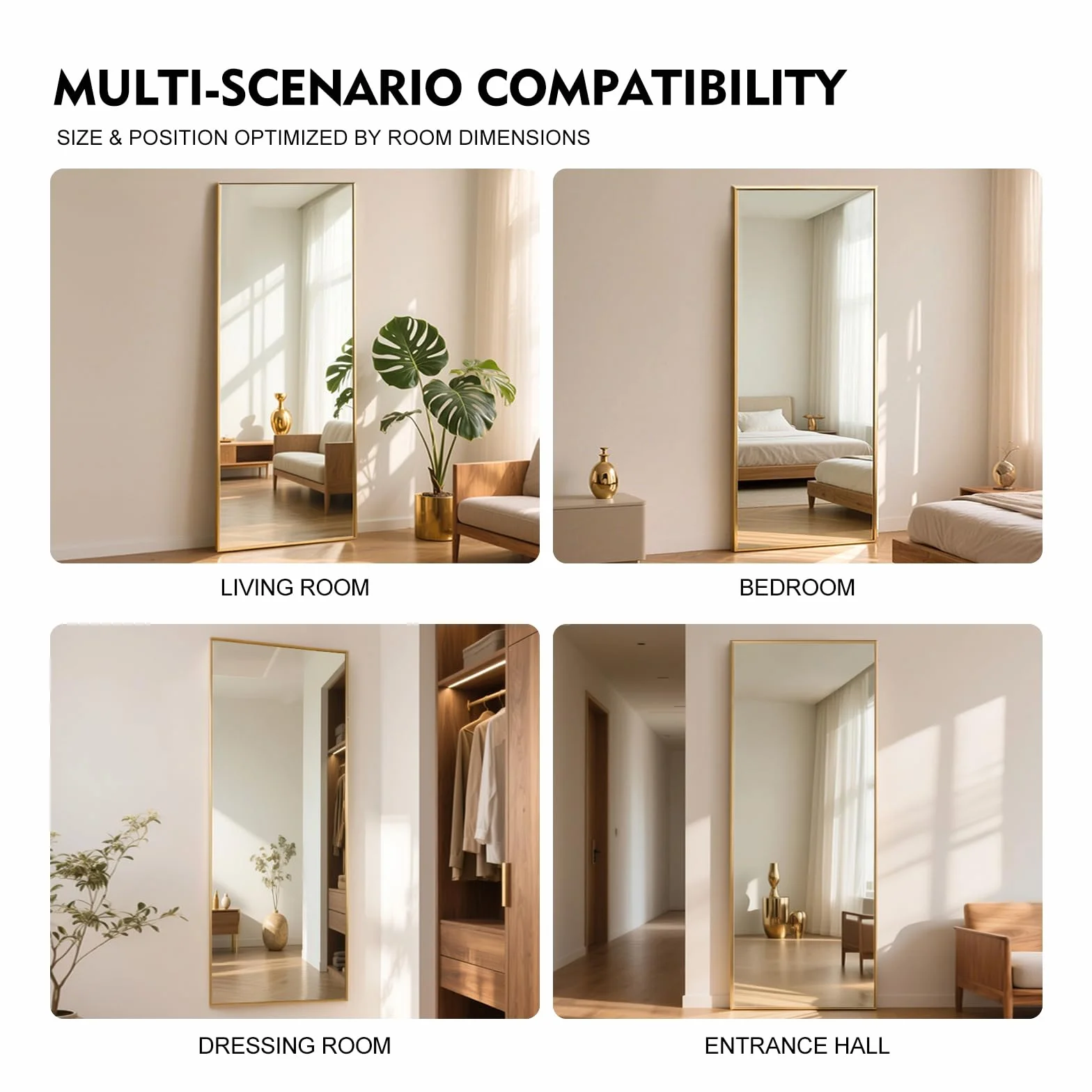 Grand miroir mural 165x60 cm cadre aluminium doré inclinable suspendu sur pied