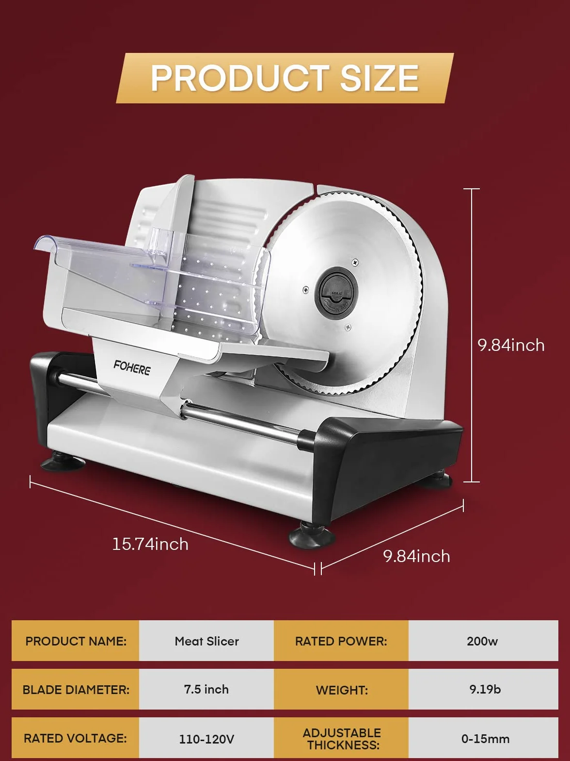 Trancheuse Électrique 200W 2 Lames 19 cm Jambon Saucisson Fromage Argent