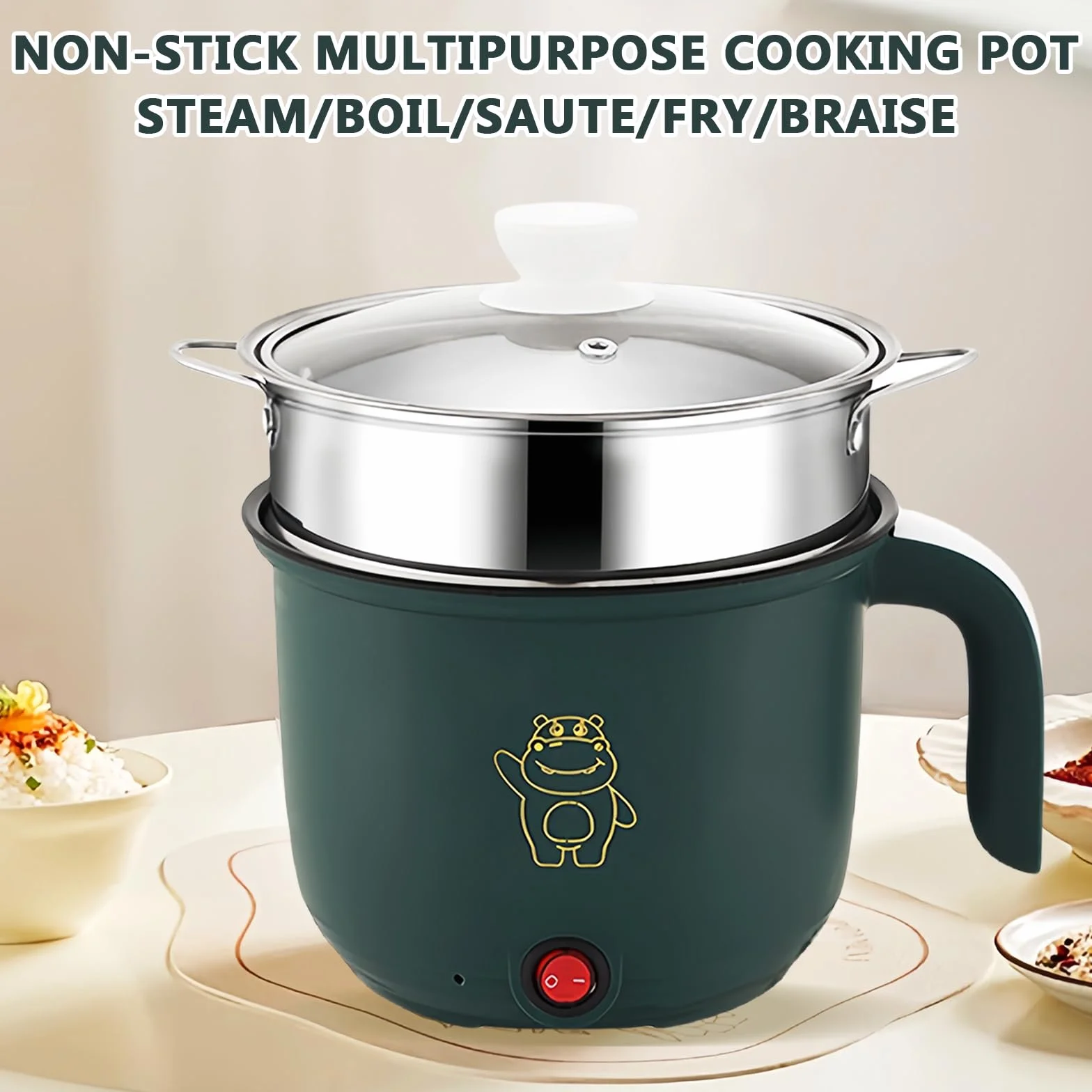 Casserole électrique 1,8 L antiadhésif, Mini fondue électrique, Multicuiseur portable avec cuiseur vapeur