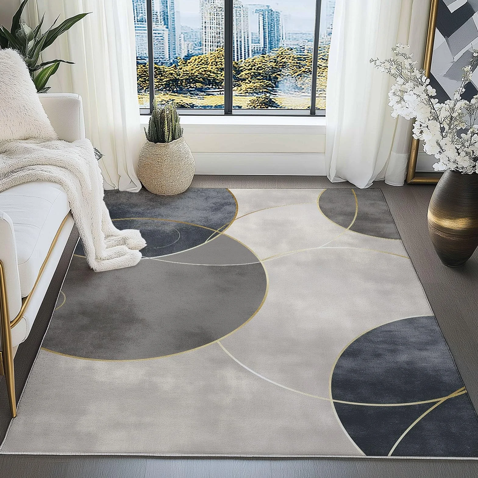 Tapis de Salon Gris Clair Motif Cercles 140 x 200 cm Poil Court