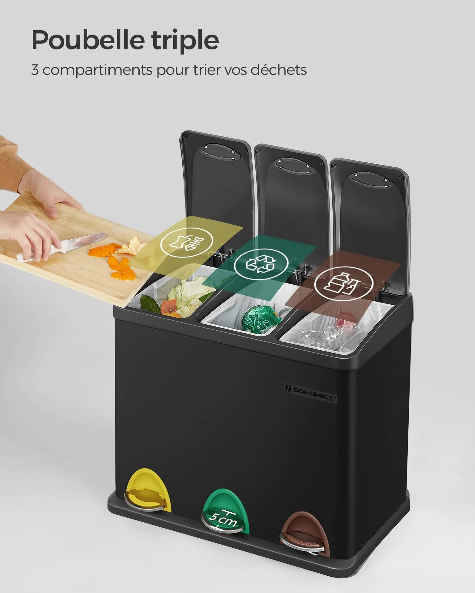 SONGMICS Poubelle Cuisine Tri 3x8L Acier Noir LTB24BK