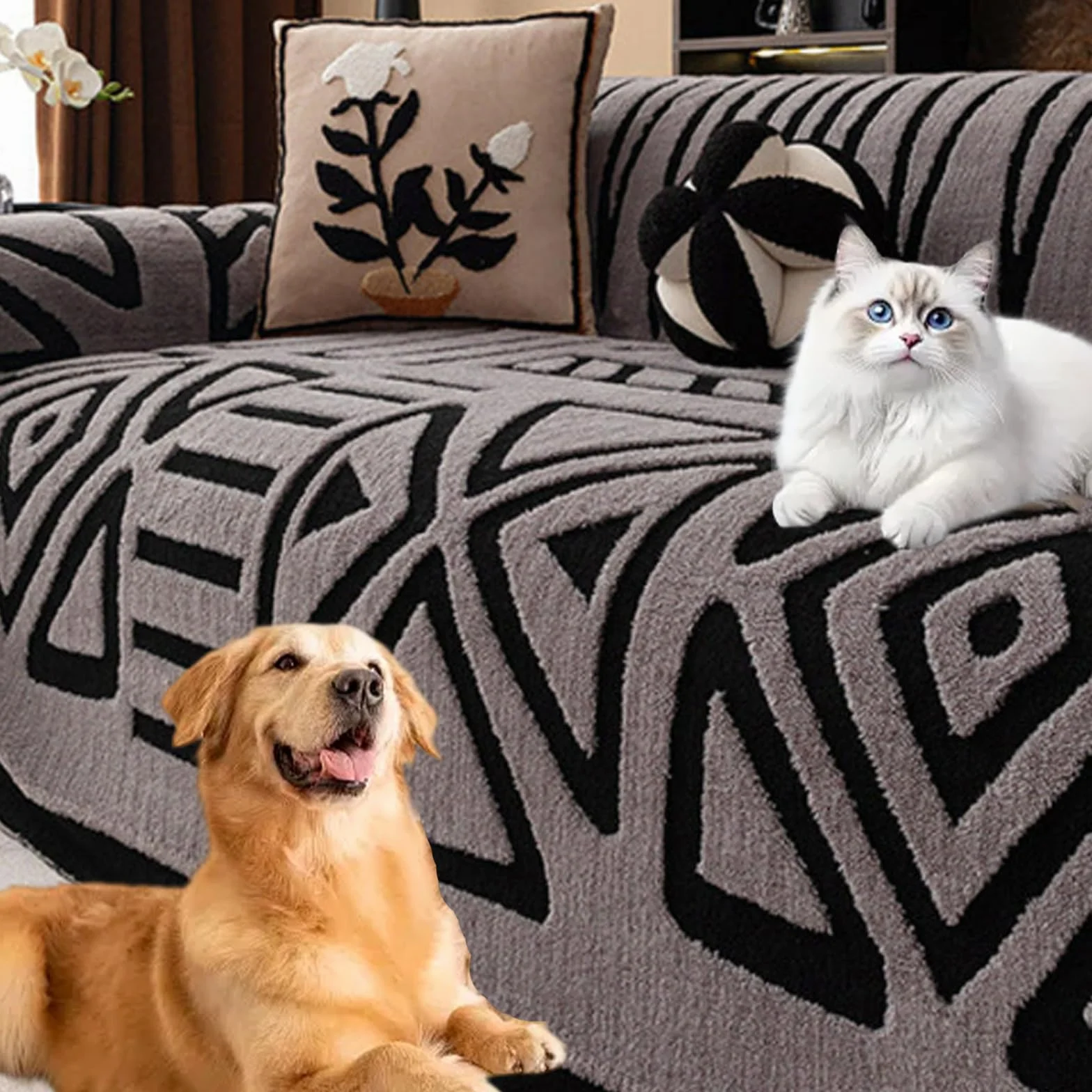 Housse de canapé en peluche antidérapante extensible protection griffe chat anti poils animaux pour canapé d'angle 3 places Gris Clair 180x200 cm