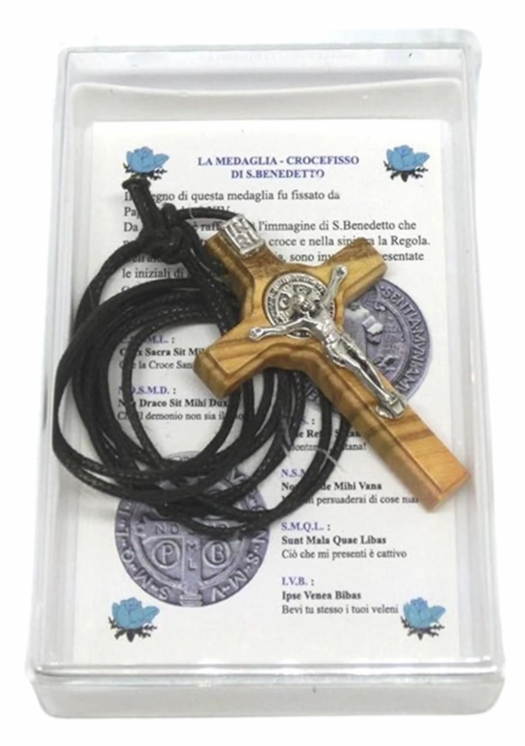 Croix Saint Benoît en bois d'olivier 4,5 cm avec collier lacet et boîte cadeau GTBITALY
