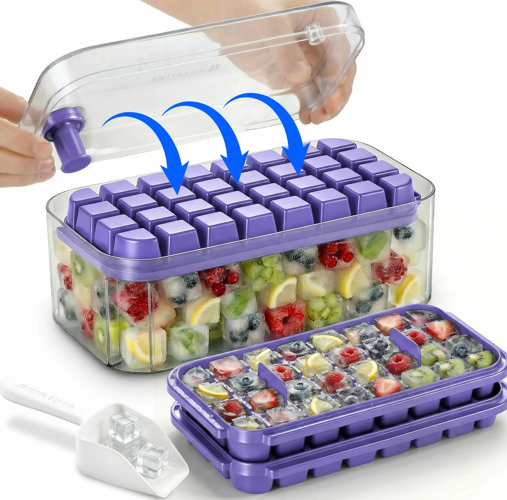 Bac à Glaçons 64 Carrés Qualité Alimentaire Sans BPA Couvercle Libération Rapide Violet