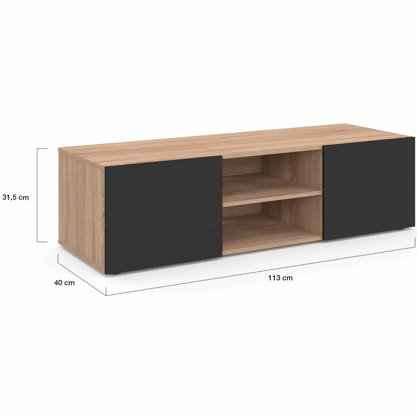 Meuble TV 113 cm ELI Bois façon hêtre Portes Noires