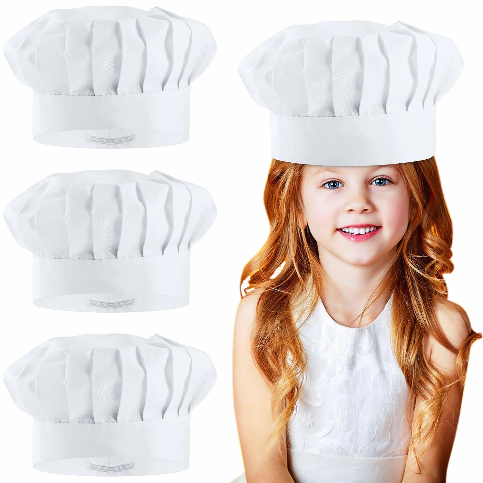 Toques de cuisinier pour enfants, lot de 3, blanches, coton élastique, réglables