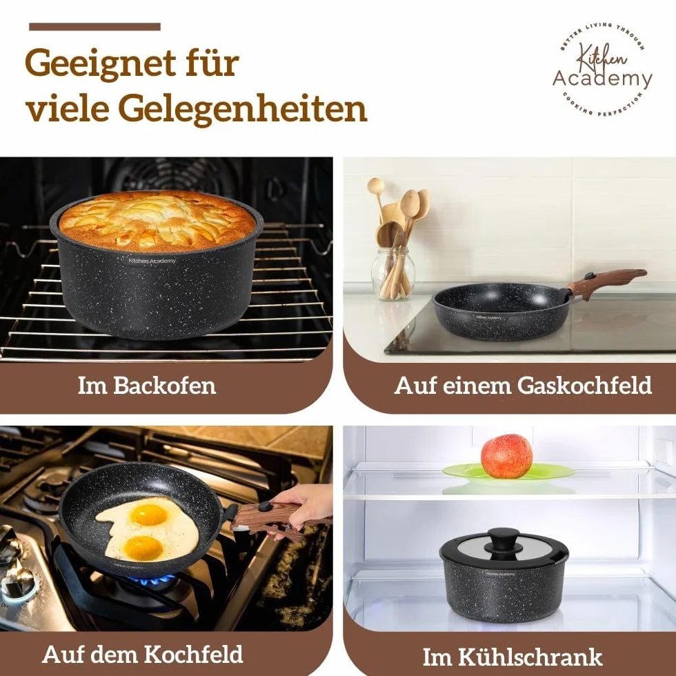 Kitchen Academy Lot de 10 Casseroles et Poêles avec Poignée Amovible, Couvercles en Verre, Revêtement Anti-adhésif Compatible Induction Noir