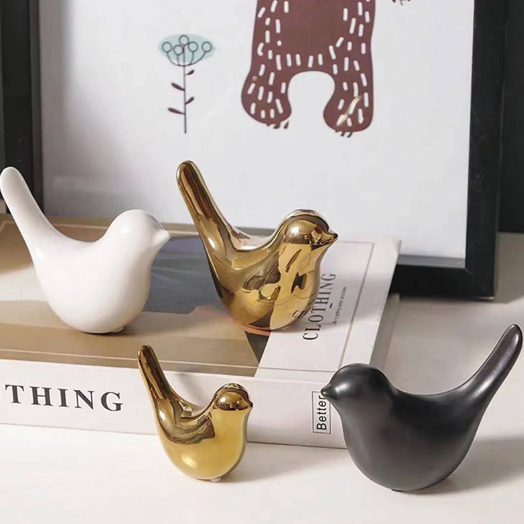 Lot de 2 statues d'oiseaux en céramique, sculptures modernes pour jardin, maison, bureau (Or)