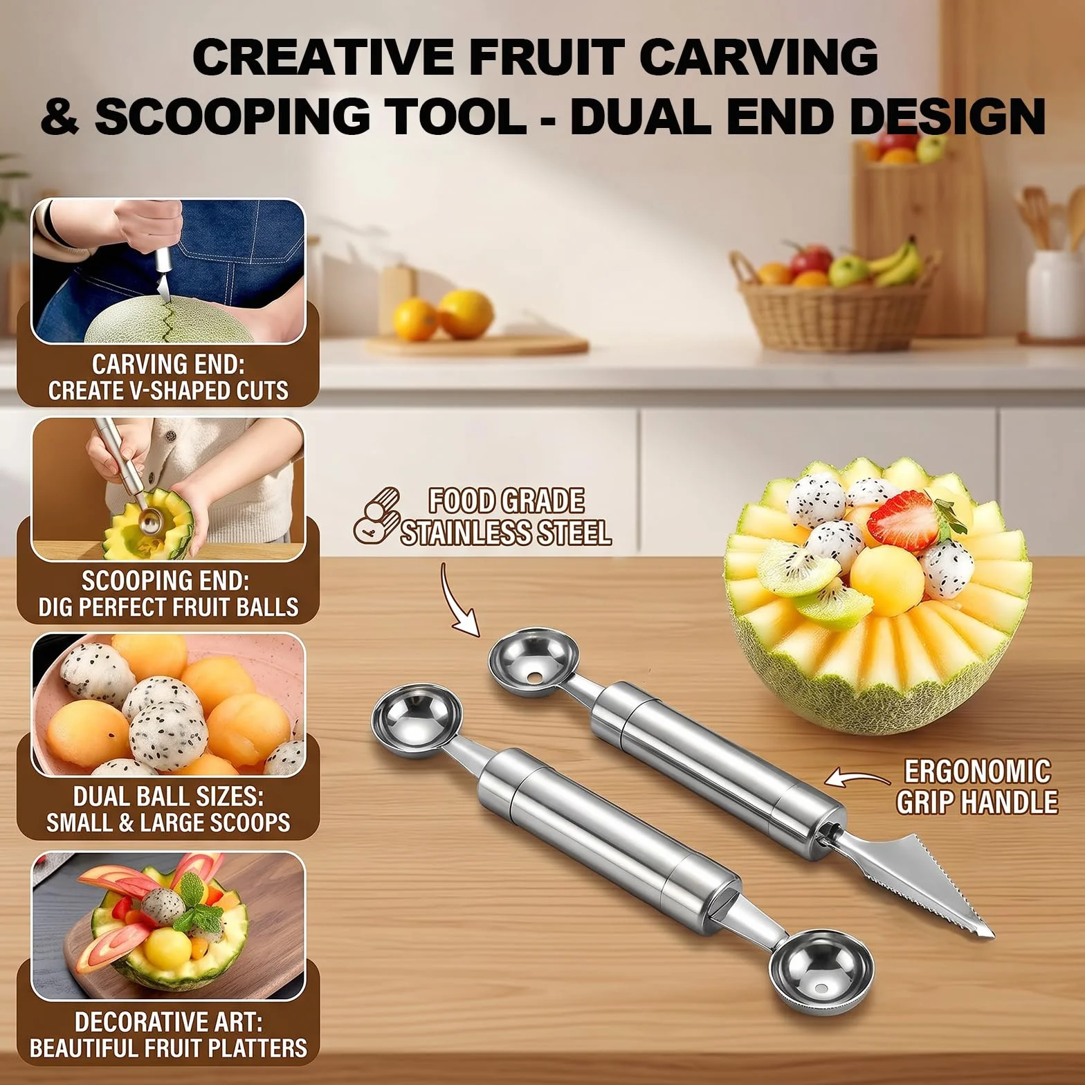 4PCS Outil à Découper les Fruits Éplucheur Cuillère à Melon Double Tête Ustensiles de Cuisine
