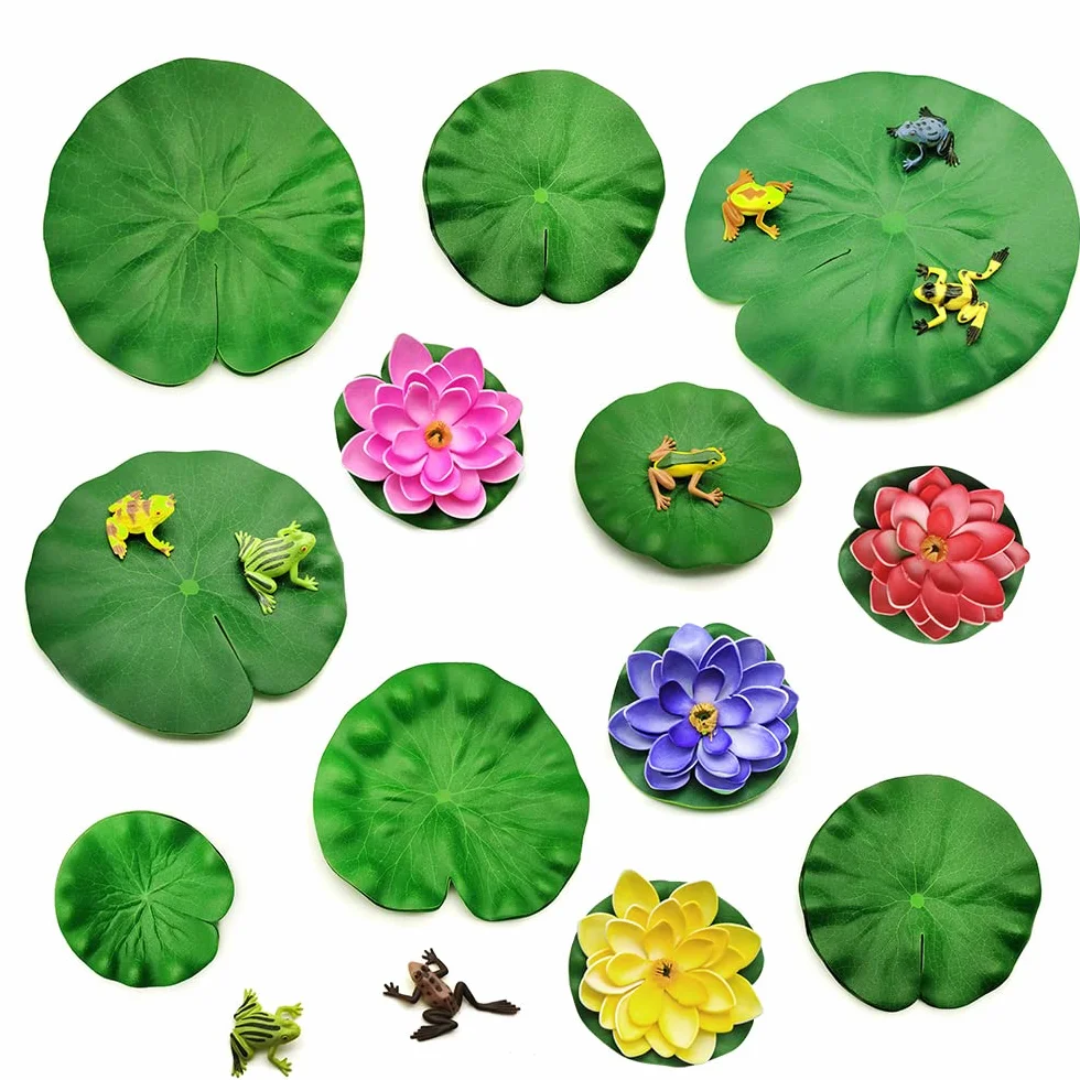 Lot de 24 Nénuphars Artificiels Lotus avec Grenouille, Décoration de Bassin Fleurs Flottantes pour Jardin