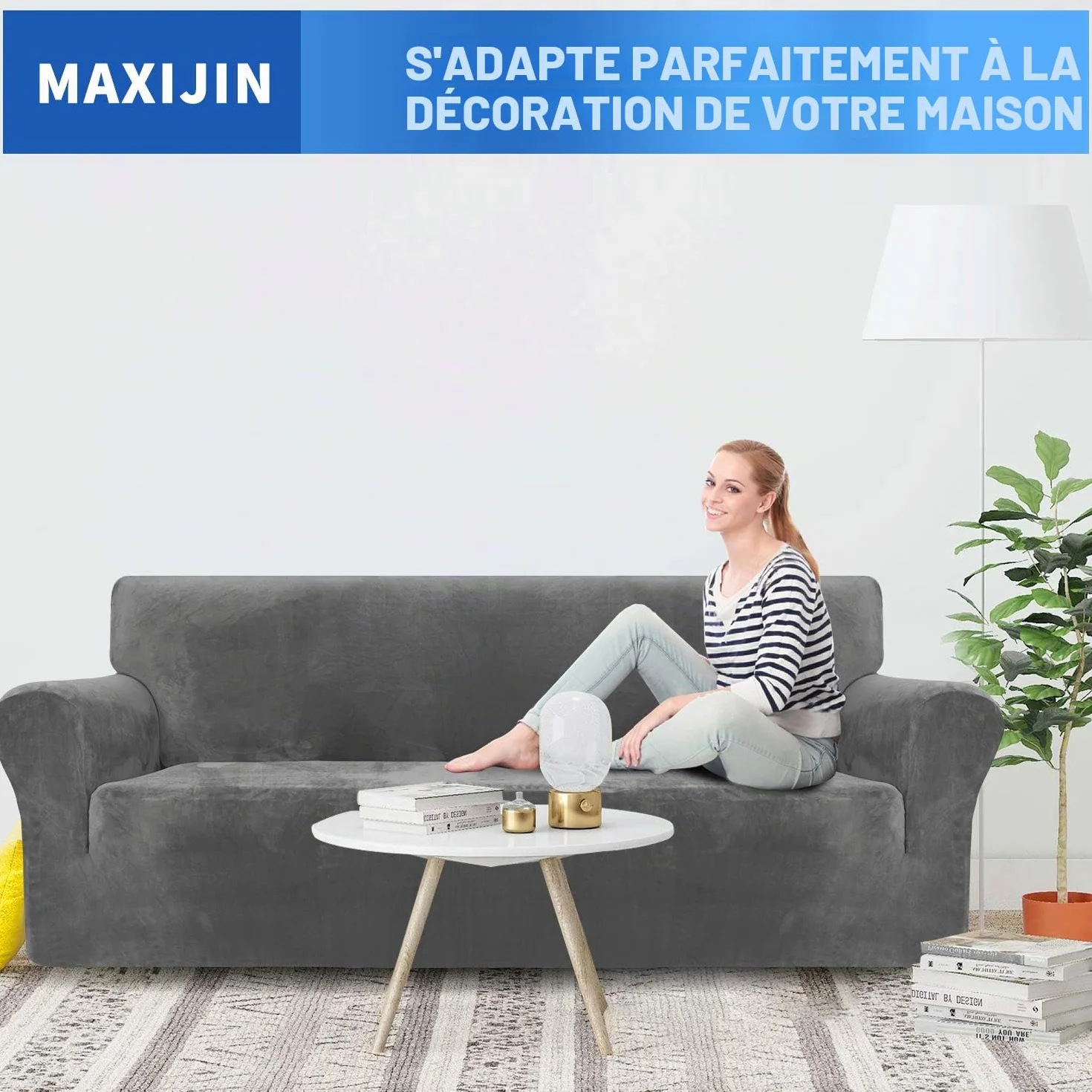 MAXIJIN Housse de canapé en Velours épais 3 Places Super Extensible pour Chiens Cat Pet Friendly 1-Piece Elastic Furniture Protector Gris