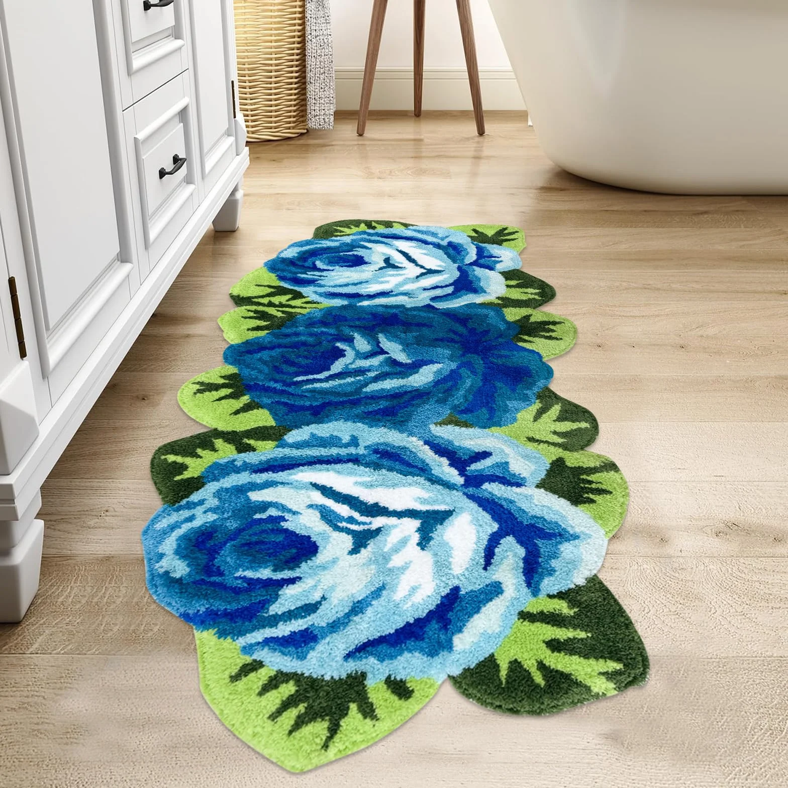 Tapis de sol fait à la main 3 roses bleues 65 x 125 cm