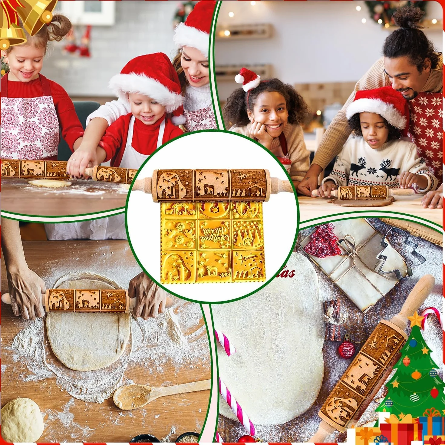 Rouleau à pâtisserie en bois 3D 35 cm motif fleurs de Noël