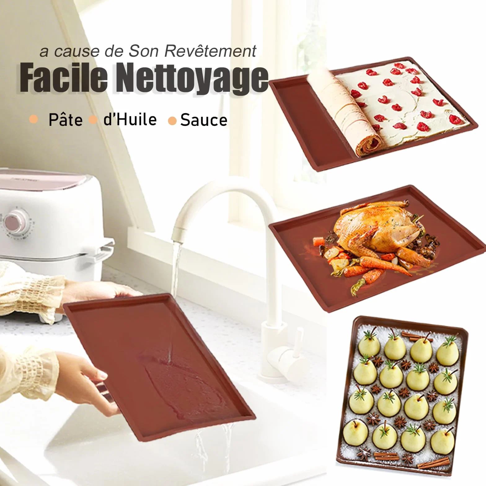 Moule Genoise Rebords 38x30x1.5cm Silicone Tapis Cuisson anti-débordement Rectangulaire