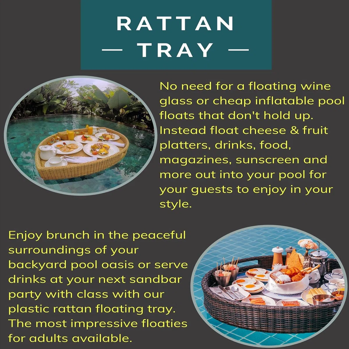 Plateau Flottant Plateau de Piscine Flottant en Ratten en Bois Plateau de Service de Nourriture de Petit-déjeuner élégant sur l'eau pour la fête à la Piscine, Marron
