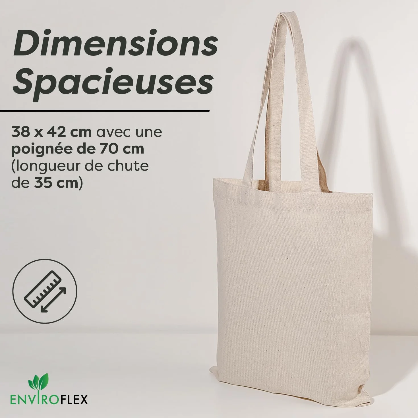 Sacs fourre-tout en toile 100% coton 38 x 42 cm réutilisables avec longues poignées
