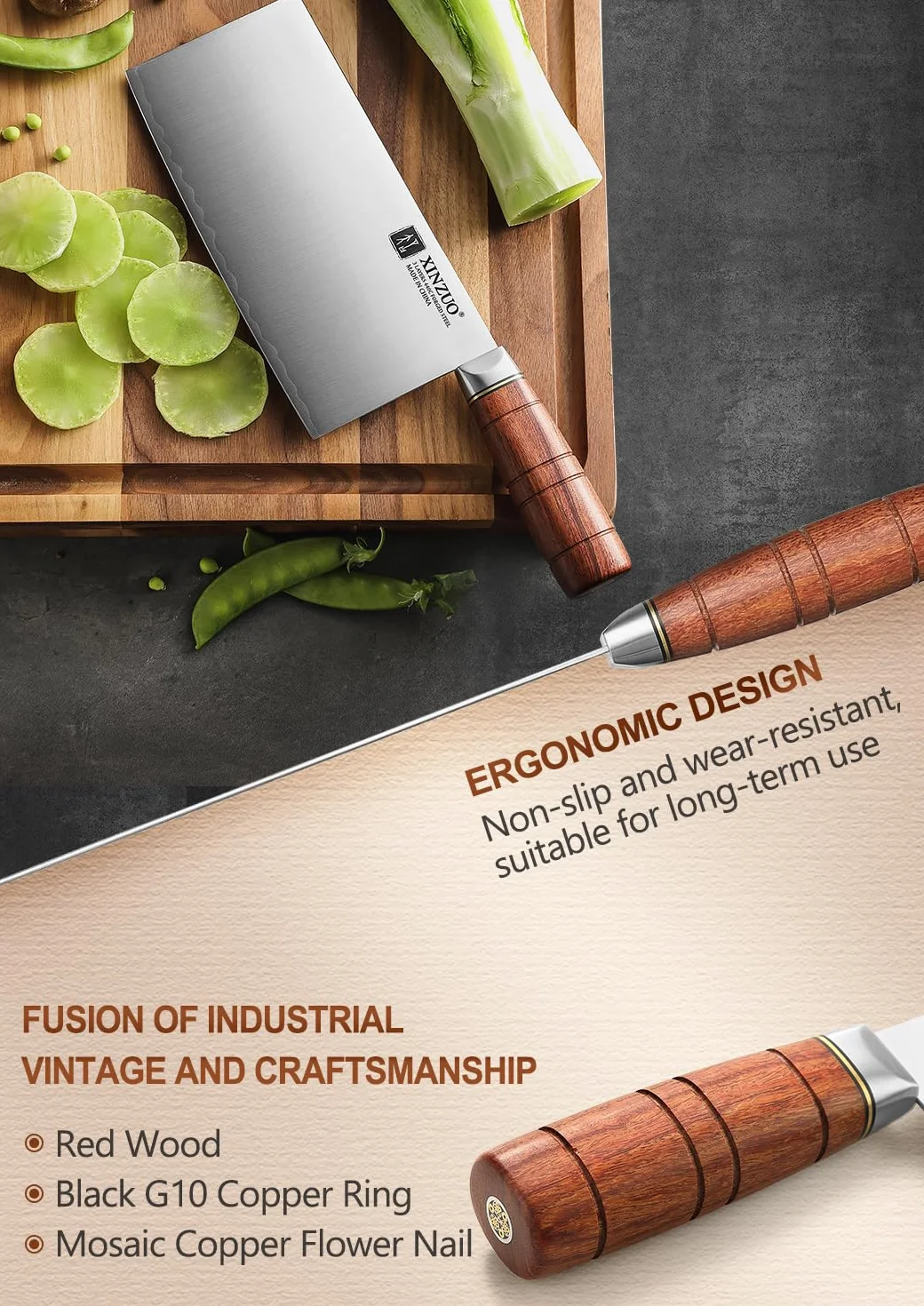 XINZUO Couperet Couteau Chef Chinois 18,8cm Acier Inoxydable Poignée Red Wood