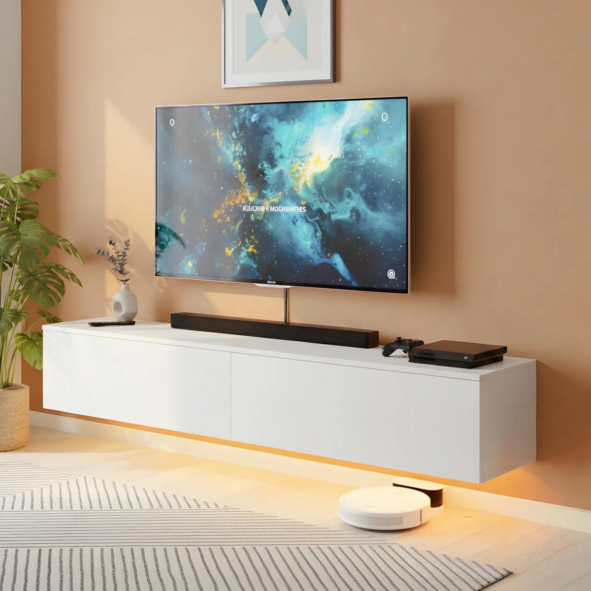 Meuble TV Blanc 180 cm avec éclairage LED, Meuble TV Suspendu ou sur Pied en Bois avec 2 Compartiments de Rangement Support Télévision Mural Moderne pour Salon Chambre