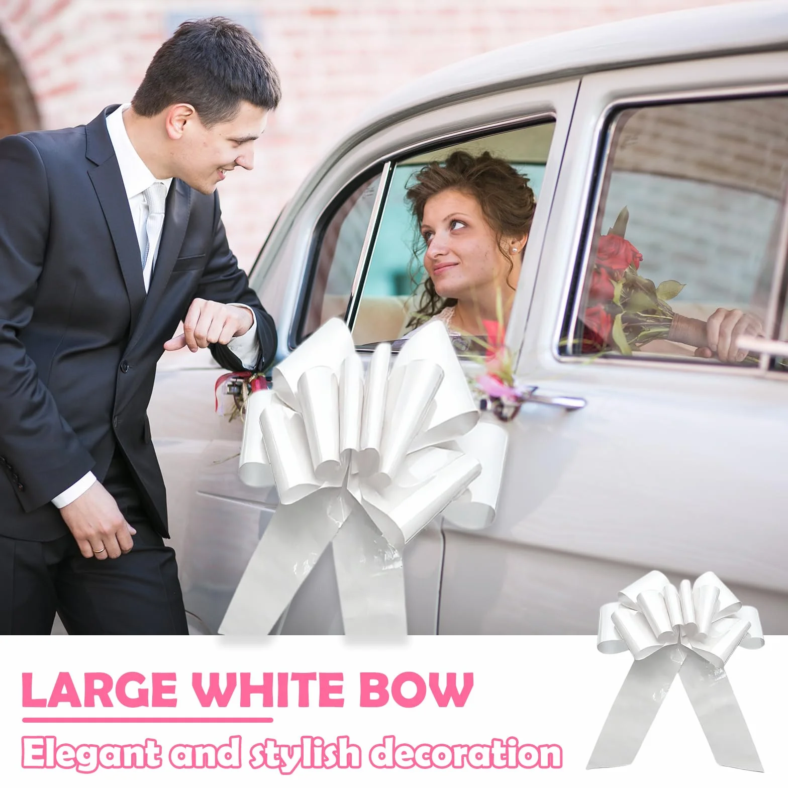 Grand Nœud Cadeau Blanc 76 cm pour Voiture Mariage avec Ventouses et Ruban Adhésif Double Face