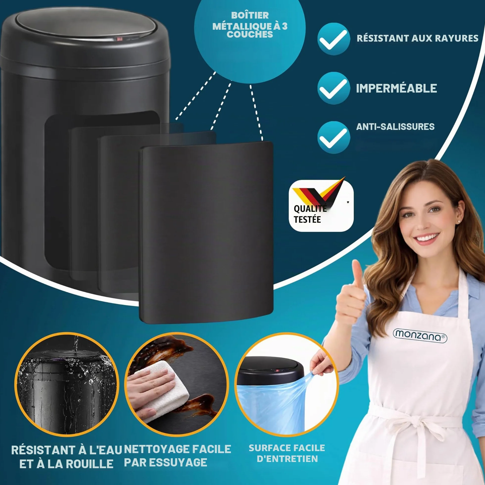 Poubelle automatique acier inoxydable 30L capteur mouvement imperméable sans contact LED USB noir