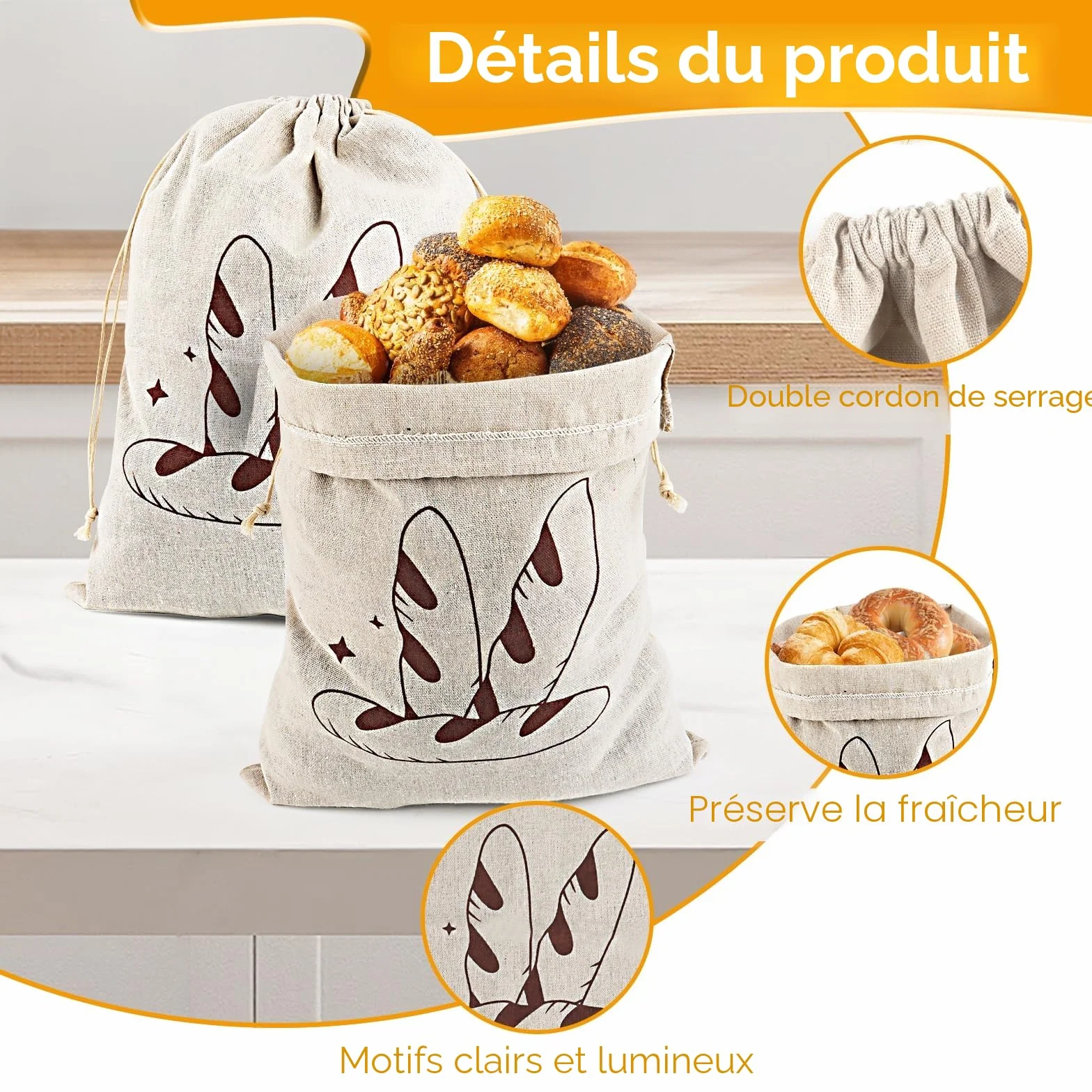 Sacs à Pain en Lin avec Cordon de Serrage Réutilisables Lot de 4 - 30x40 cm et 14.5x63 cm