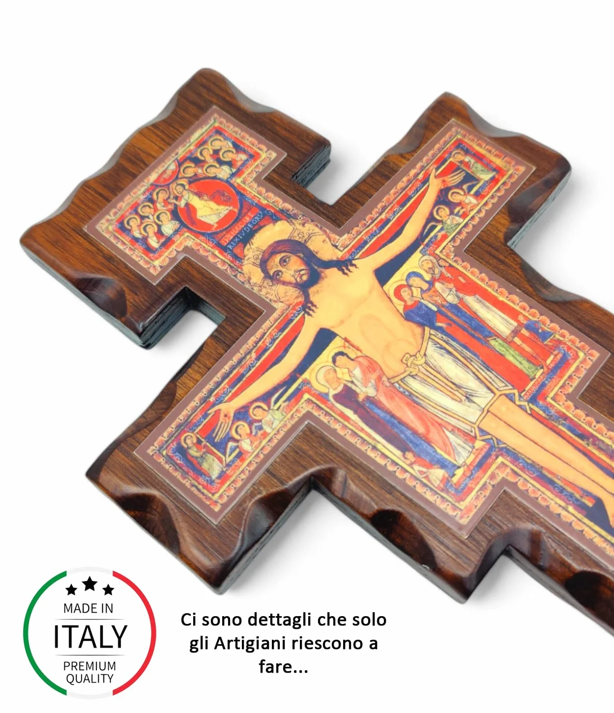 Croix San Damiano La Balestra en Bois Mural 19x14 Fabriqué en Ombrie Italie