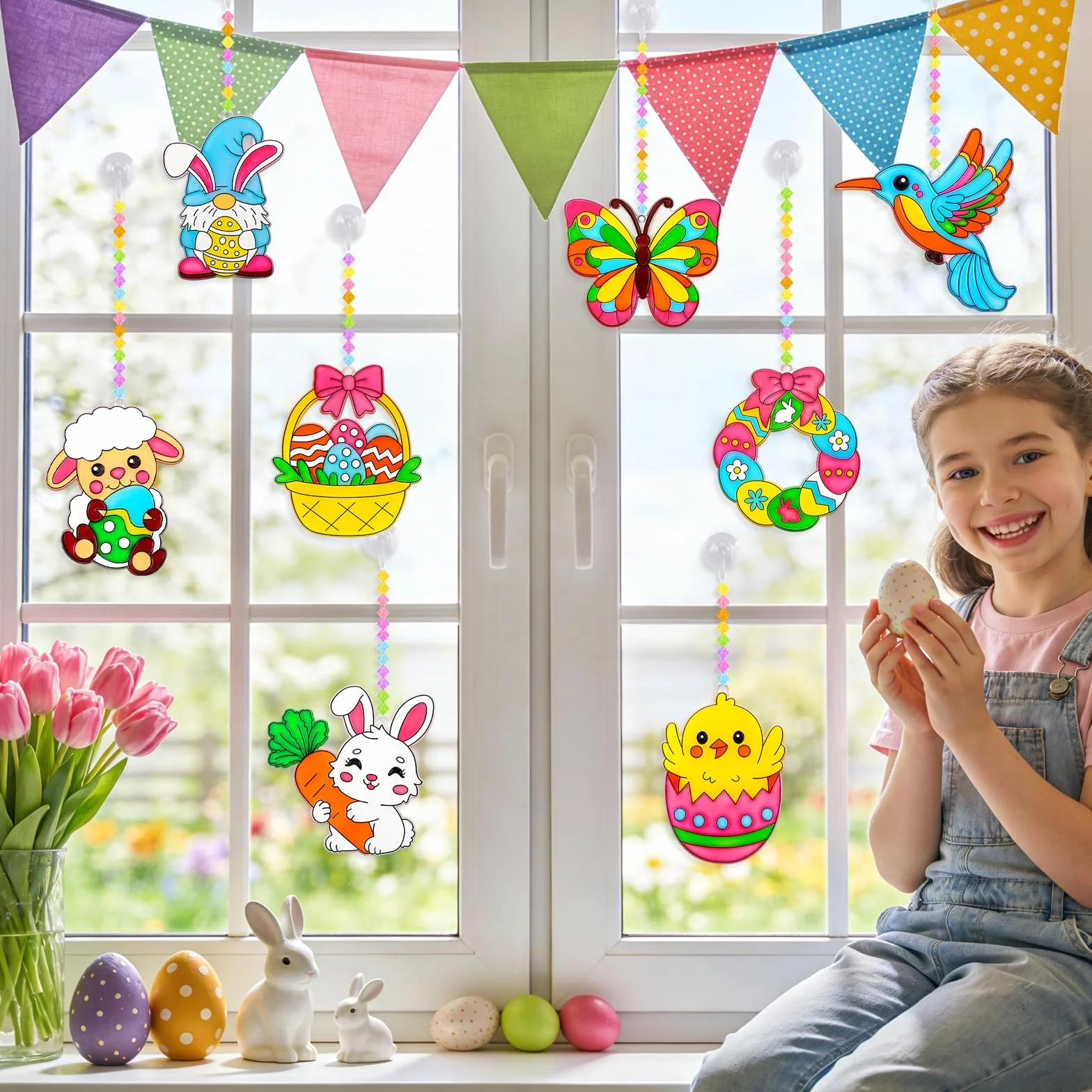 Kit de 24 Décorations Pâques à Suspendre, œufs Lapin Poulet Papillon Oiseaux à Peindre, Attrape-soleil Pendentif Fenêtre