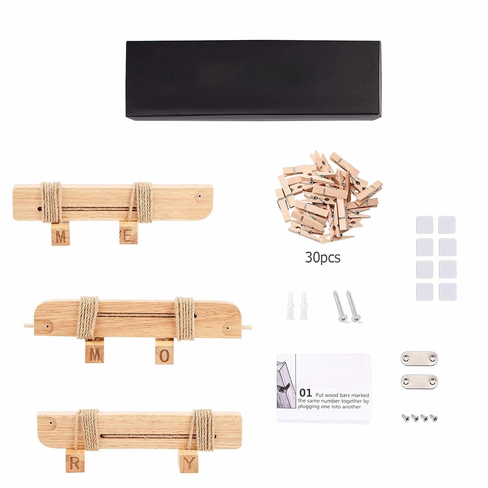 Cadre Photo Mural Avec Corde Porte-Photos 30 Pinces Couleur Bois Naturel Décoration Maison Cadeau
