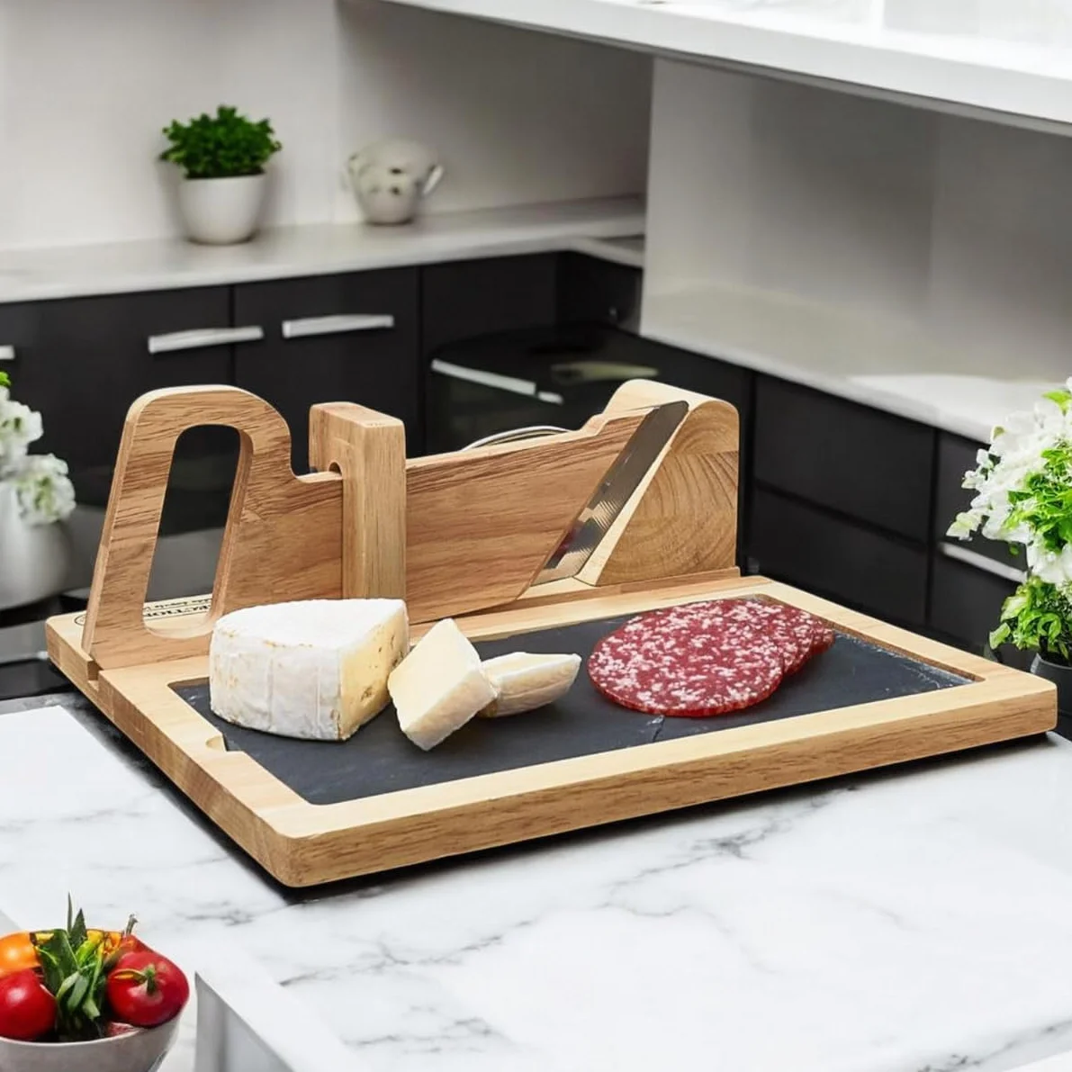 Trancheuse Saucisson Bois Guillotine Manuelle Coupe Charcuterie Multifonctions Plateau Ardoise Pochon