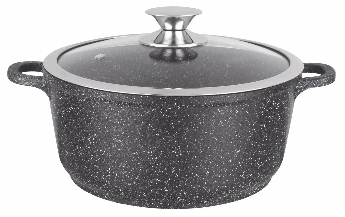 Marmite Faitout 28 cm Fonte d'Aluminium Revêtement Type Pierre Couvercle en Verre Tous Feux Induction Sans PFOA Noir